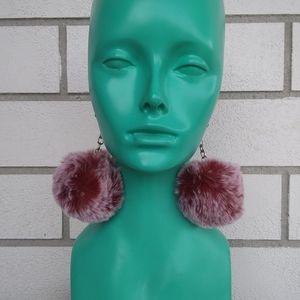 Cranberry White Fluffy Puff Pompom Earrings